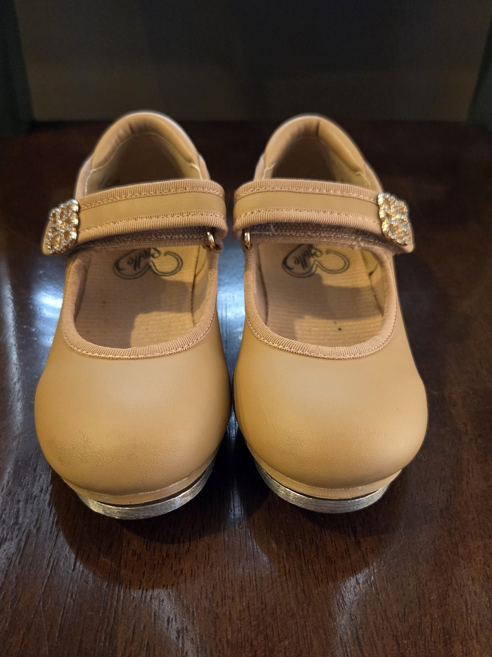 Tan Toddler Tap Shoes Velcro With Rhinestone Flower - Picture 3 of 6